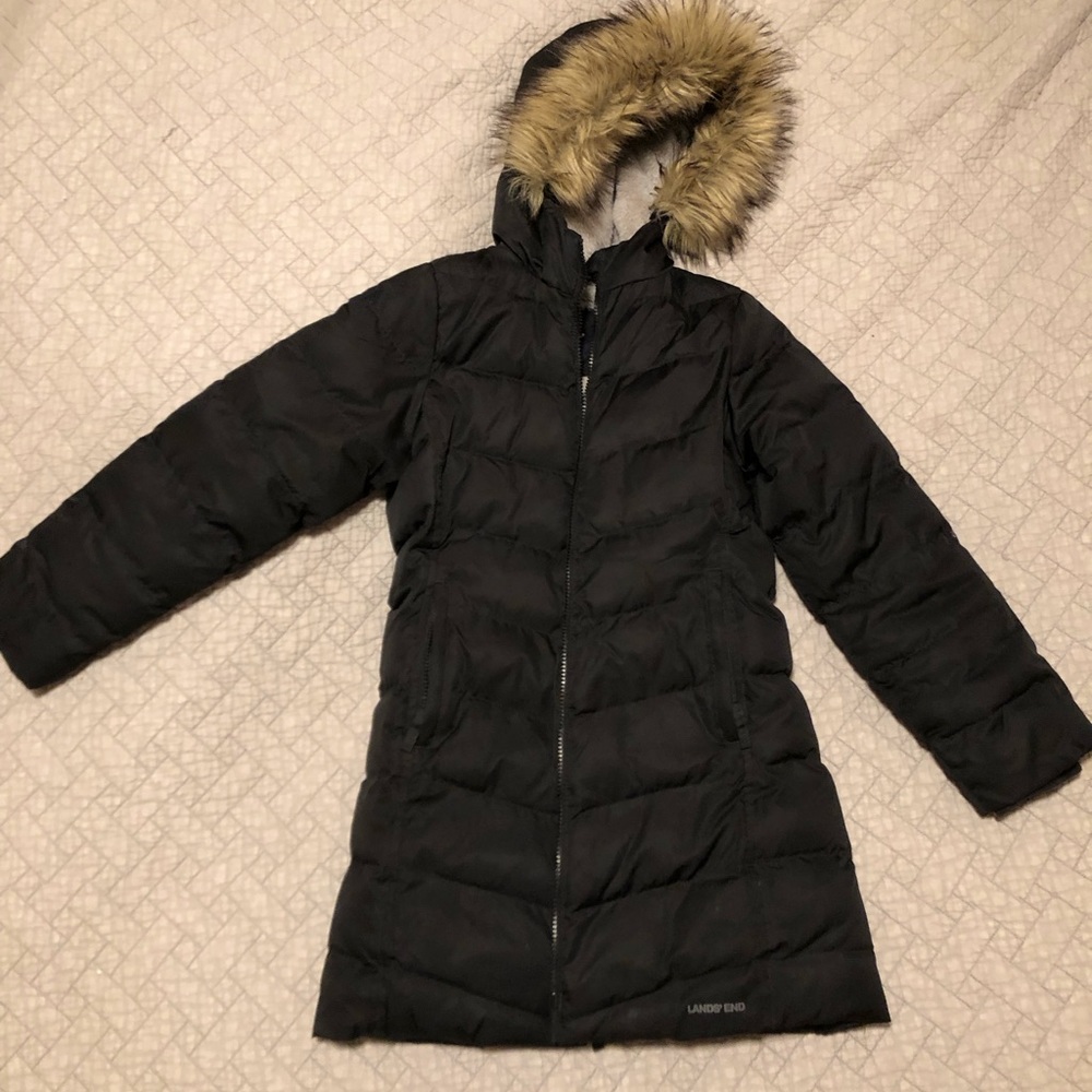 Lands end M 8 Black Girls Winter Fleece Lined Down Alternative ThermoPlume Coat